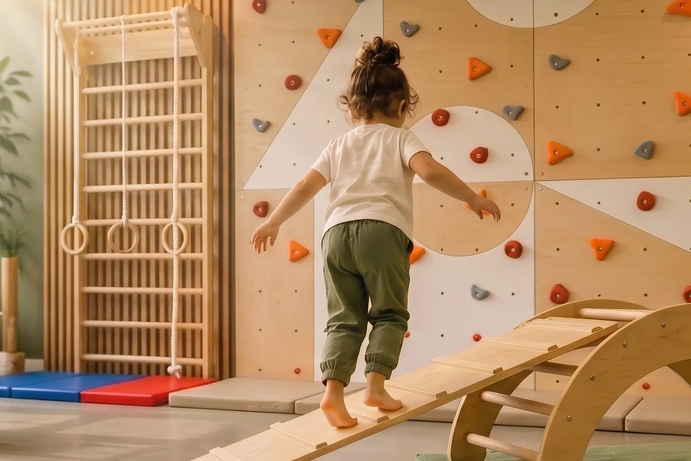 Parede de escalada modular e estrutura psicomotora em sala com luz natural