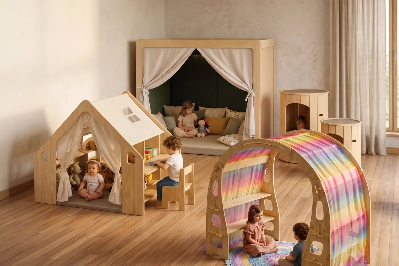 Arco sensorial em arco-íris e cabana de acolhimento em ambiente de investigação