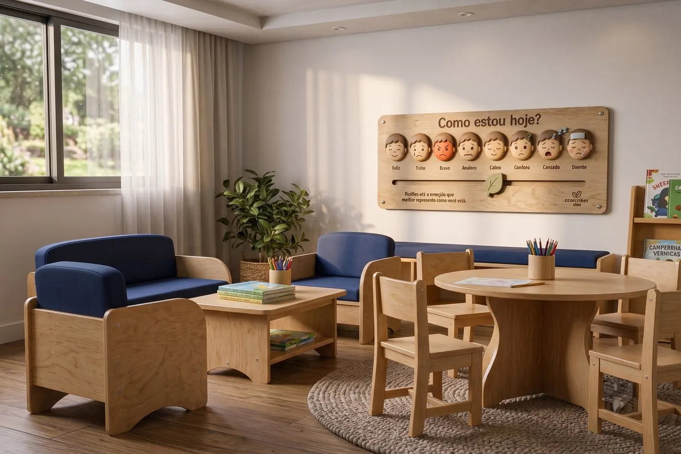 Sala organizada com estantes, painel de atividades e mobiliário de rotina